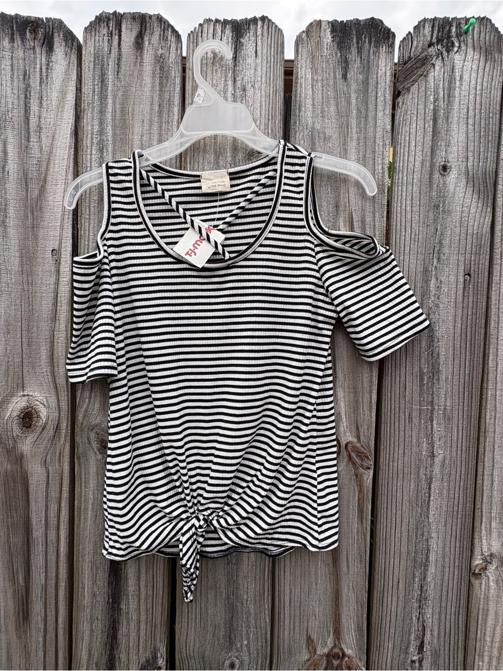 Caution To The Wind Black & White Striped Cold-Shoulder Tie Front Tank